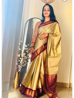 A S CREATION - Women Cotton Silk Beige Woven Handloom Saree with Unstitched Blouse