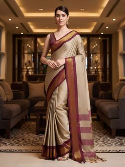 A S CREATION - Women Cotton Silk Beige Woven Handloom Saree with Unstitched Blouse