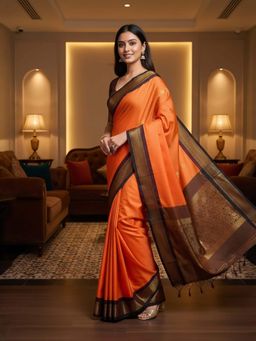 A S CREATION - Women Cotton Silk Orange Woven Handloom Saree with Unstitched Blouse