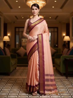 A S CREATION - Women Cotton Silk Peach Woven Handloom Saree with Unstitched Blouse