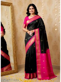 A S CREATION - Women Cotton Silk Black Woven Handloom Saree with Unstitched Blouse