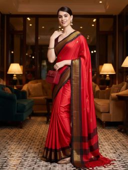 A S CREATION - Women Cotton Silk Red Woven Handloom Saree with Unstitched Blouse