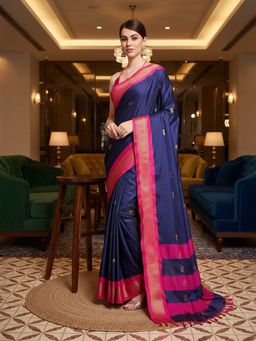 A S CREATION - Women Cotton Silk Navy Blue Woven Handloom Saree with Unstitched Blouse