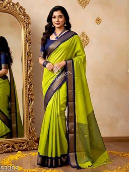 A S CREATION - Women Cotton Silk Olive Woven Handloom Saree with Unstitched Blouse