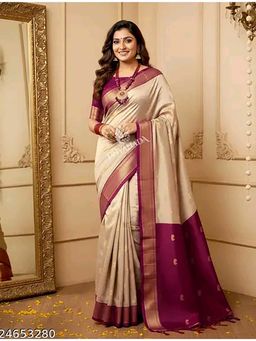A S CREATION - Women Cotton Silk Beige Woven Handloom Saree with Unstitched Blouse