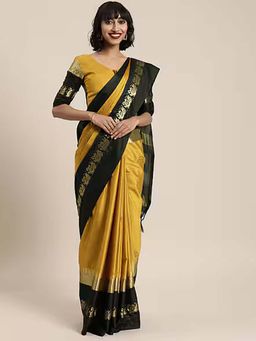 A S CREATION - Women Cotton Silk Mustard Woven Handloom Saree with Unstitched Blouse