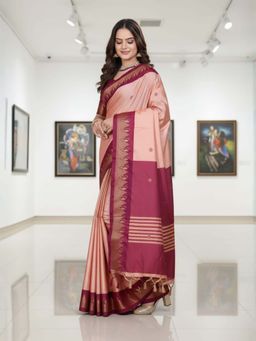 A S CREATION - Women Cotton Silk Peach Woven Handloom Saree with Unstitched Blouse