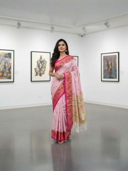 A S CREATION - Women Cotton Silk Pink Woven Handloom Saree with Unstitched Blouse
