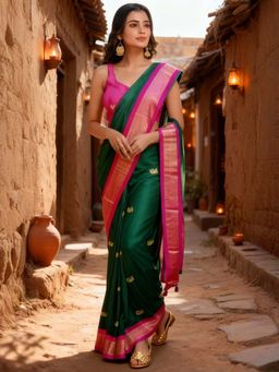 A S CREATION - Women Cotton Silk Green Woven Handloom Saree with Unstitched Blouse