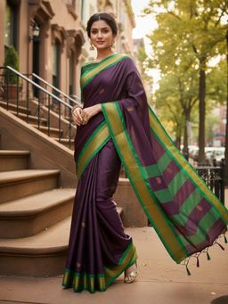 A S CREATION - Women Cotton Silk Wine Woven Handloom Saree with Unstitched Blouse
