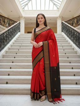 A S CREATION - Women Cotton Silk Red Woven Handloom Saree with Unstitched Blouse