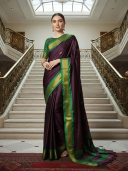 A S CREATION - Women Cotton Silk Burgundy Woven Handloom Saree with Unstitched Blouse