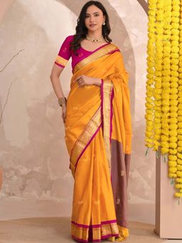 A S CREATION - Women Cotton Silk Yellow Woven Handloom Saree with Unstitched Blouse