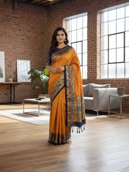 A S CREATION - Women Cotton Silk Mustard Woven Handloom Saree with Unstitched Blouse