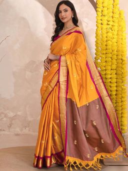 A S CREATION - Women Cotton Silk Yellow Woven Handloom Saree with Unstitched Blouse
