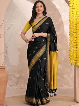 A S CREATION - Women Cotton Silk Black Woven Handloom Saree with Unstitched Blouse