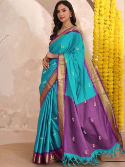 A S CREATION - Women Cotton Silk Blue Woven Handloom Saree with Unstitched Blouse