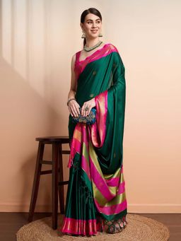A S CREATION - Women Cotton Silk Green Woven Handloom Saree with Unstitched Blouse