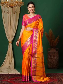A S CREATION - Women Cotton Silk Orange Woven Handloom Saree with Unstitched Blouse