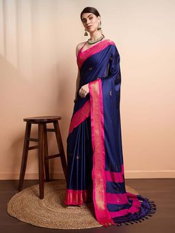 A S CREATION - Women Cotton Silk Navy Blue Woven Handloom Saree with Unstitched Blouse