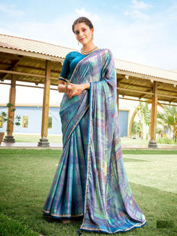 Odette - Blue and Multi-Color Checks Printed Chiffon Saree with Unstitched Blouse (Set of 2)