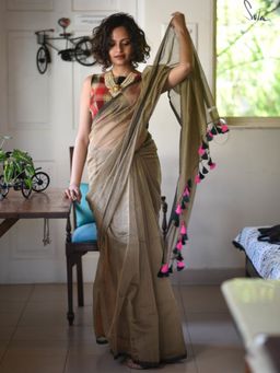 Suta - Brown Solid Sheer Modal Polyester Saree With Tasseled Pallu and Without Blouse