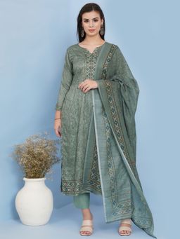 Stylee LIFESTYLE - Olive Green Cotton Blend Digital Printed Dress Material (Set of 3)