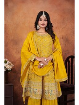 Miss Ethnik - Yellow Embroidered Kurta With Palazzo and Dupatta (Set of 3)