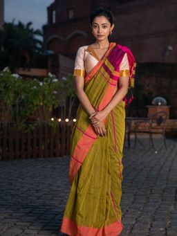 Beatitude - Green Shade Cotton Saree With Unstitched Blouse