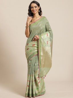 Indethnic - Banarasi Green Woven Design Party Wear Saree With Unstitched Blouse