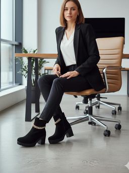 Shoetopia - Black Chic Chain Detail Block Heel Casual Boots For Women