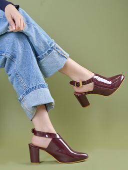 Shoetopia - Burgundy Block Sandal Heels For Women