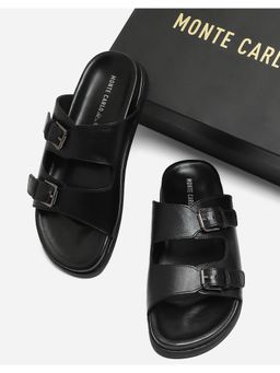 Monte Carlo - Mens Black Solid Leather Comfort Casual Sandals