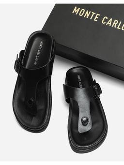 Monte Carlo - Mens Black Solid Leather Comfort Casual Sandals