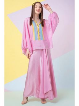 Wendell Rodricks - Pink Bishop Sleeve Top & Draped Skirt (Set of 2)