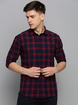 SHOWOFFFF - Mens Spread Collar Checked Navy Blue Classic Shirt
