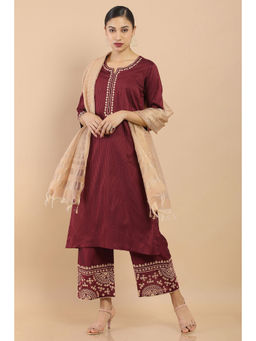 Soch - Maroon Chanderi Embroidered Suit Set (set Of 3)