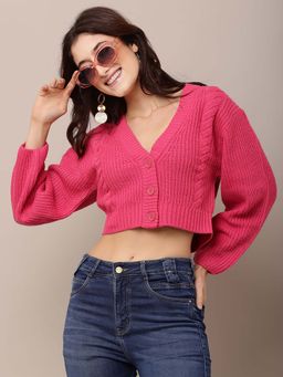 NOBARR - Women Acrylic Full Sleeve V-Neck Pink Cardigan