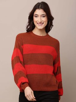 NOBARR - Women Acrylic Full Sleeve Round Neck Striped Red Sweater