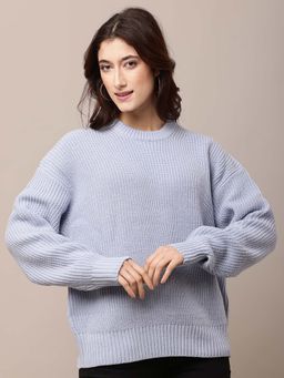 NOBARR - Women Acrylic Full Sleeve Round Neck Sky Blue Sweater