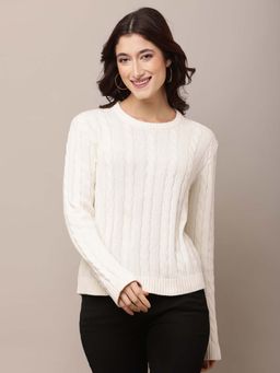 NOBARR - Women Cotton Full Sleeve Round Neck White Sweater