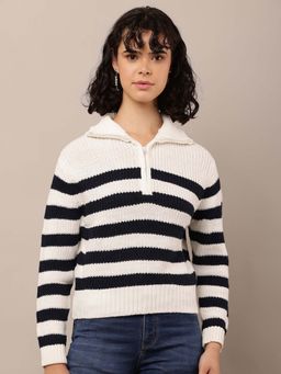 NOBARR - Women Acrylic Full Sleeve Shirt Collar Striped White Sweater