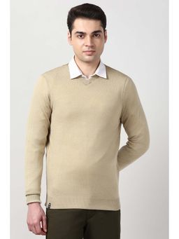 Peter England - Men Beige Solid V Neck Reversible Sweater