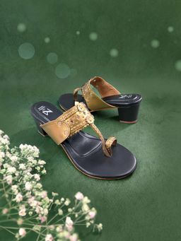 The Madras Trunk - Women Two Inch Block Heels Kolhapuris In Antique Black
