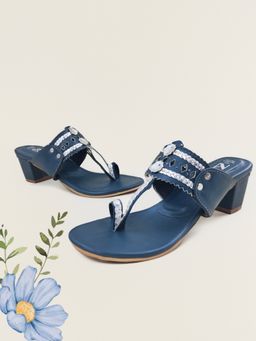 The Madras Trunk - Women Two Inch Block Heels Kolhapuris In Dark Blue