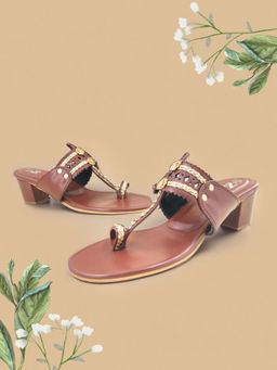 The Madras Trunk - Women Two Inch Block Heels Kolhapuris In Brown