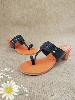 The Madras Trunk - Women Two Inch Block Heels Kolhapuris In Orange Black