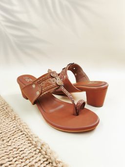 The Madras Trunk - Women Two Inch Block Heels Kolhapuris In Tan