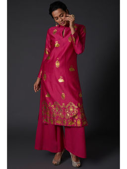 Rohit Bal - Fuchsia Pink & Gold Block Printed Kurta & Palazzo (Set of 2)