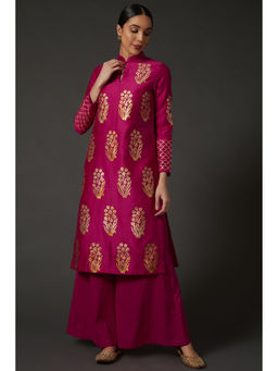 Rohit Bal - Fuchsia Pink & Gold Block Printed Kurta & Palazzo (Set of 2)